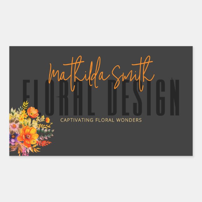 Sophisticated Floral Design Black Orange Flowers  Rectangular Sticker (Front)