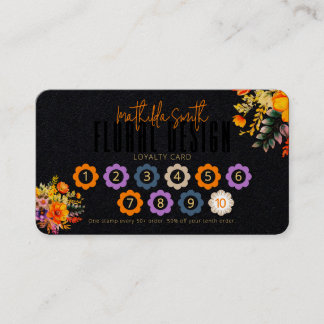 Sophisticated Floral Design Black Orange Loyalty Business Card