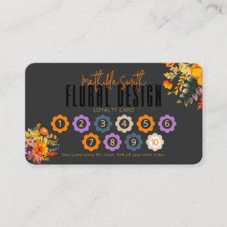 Sophisticated Floral Design Black Orange Loyalty Business Card