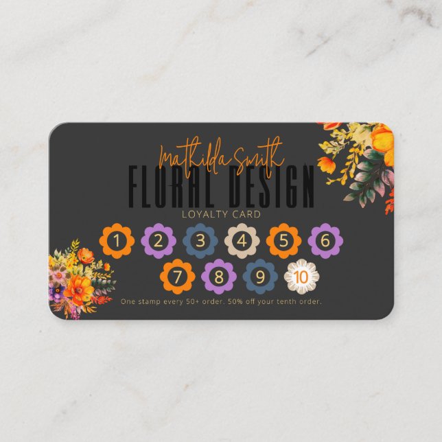 Sophisticated Floral Design Black Orange Loyalty Business Card (Front)