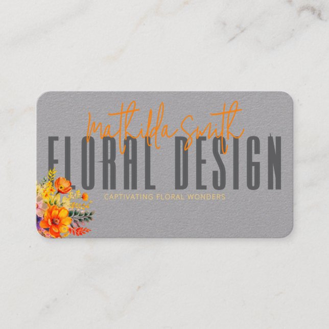 Sophisticated Floral Design Gray Orange Flowers  Business Card (Front)