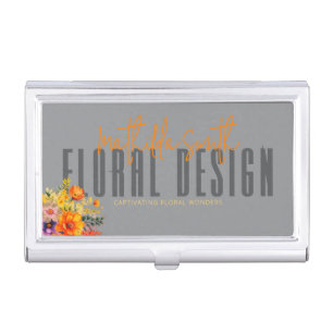 Sophisticated Floral Design Gray Orange Flowers Business Card Case