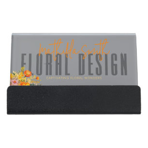 Sophisticated Floral Design Gray Orange Flowers Desk Business Card Holder