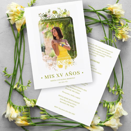 Sophisticated Floral Frame Spanish Photo Mis XV Invitation