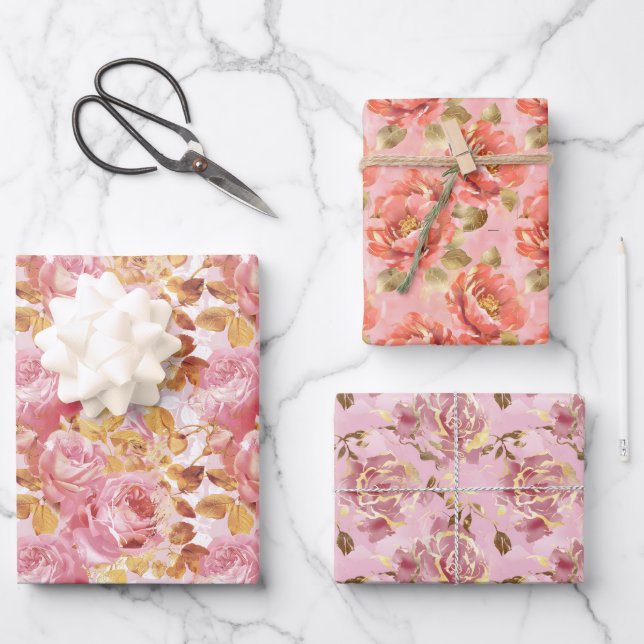 Sophisticated Floral in Pink and Purple Hues Wrapping Paper Sheets (Front)