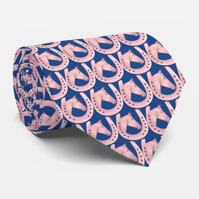Sophisticated French Blue Pink Horse & Horseshoe Neck Tie (Rolled)