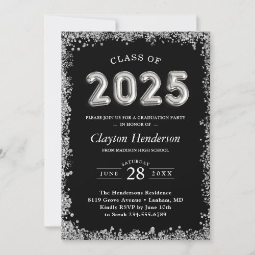 Black Silver Glittery Balloons 2019 Graduation Invitation