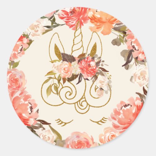 Sophisticated Glittering Unicorn Watercolor Floral Classic Round Sticker