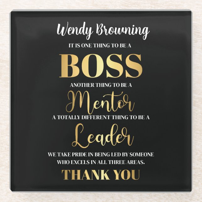 Sophisticated glold & black Boss appreciation  Glass Coaster (Front)