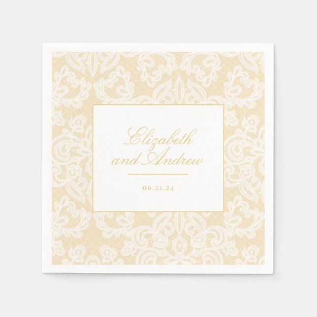 Sophisticated Gold and Lace Script Wedding Napkins (Front)