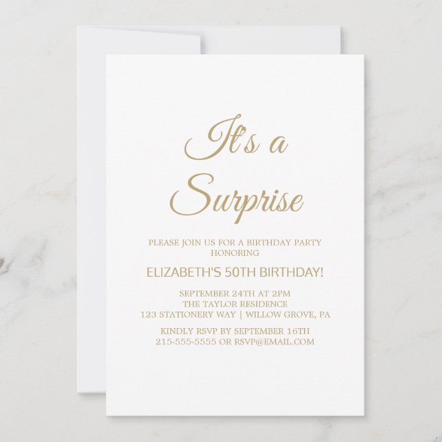 Sophisticated Gold Calligraphy Surprise Party  Invitation (Front)