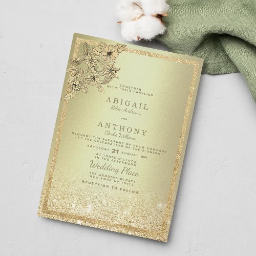 Sophisticated gold glitter gradient floral wedding invitation