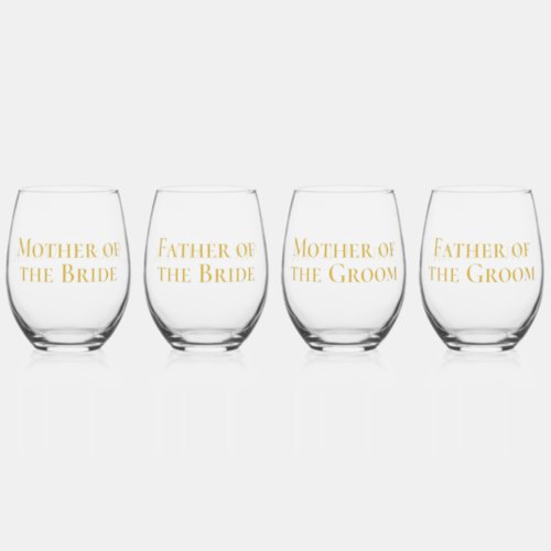 Sophisticated Gold Mother Father of Bride Groom Stemless Wine Glass
