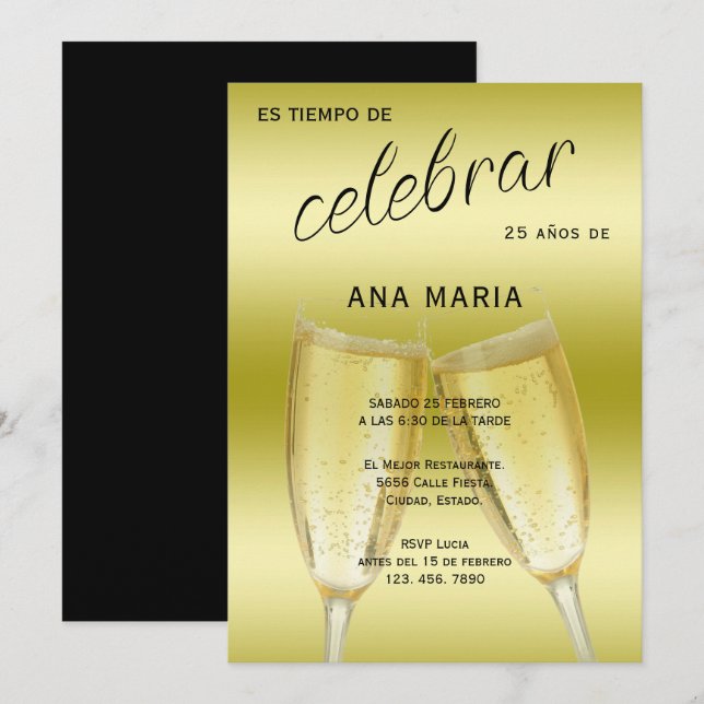 Sophisticated Gold Spanish Feminine Birthday  Invitation (Front/Back)