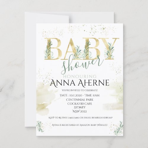 Sophisticated gold with sage green baby shower inv invitation