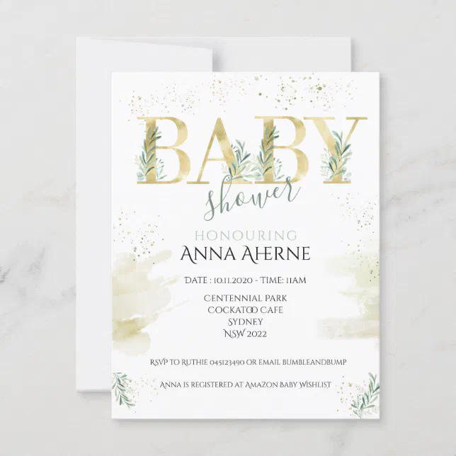 Sophisticated gold with sage green baby shower invitation | Zazzle