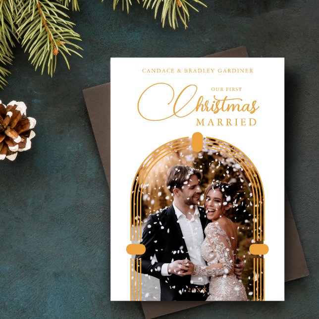 Sophisticated Golden Dome Photo First Christmas Holiday Card (Sophisticated Fake Golden Dome Arch Photo First Christmas Married Holiday Card with Envelope. )