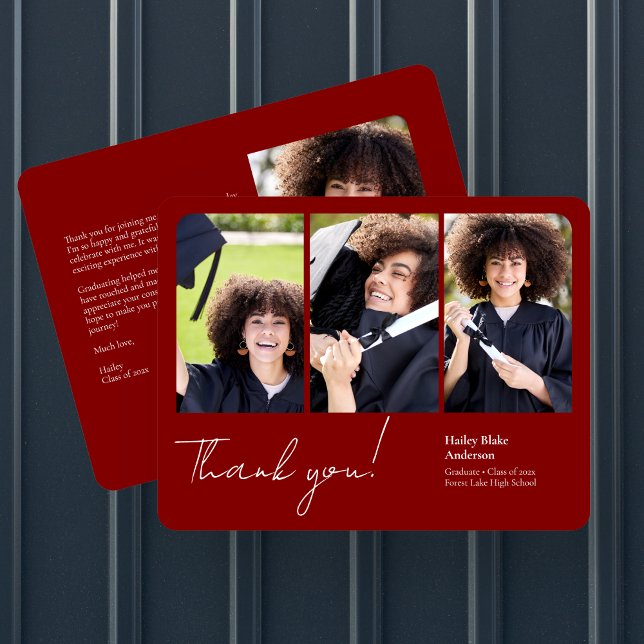 Sophisticated Graduation Photo Collage Ruby Red Thank You Card (Creator Uploaded)