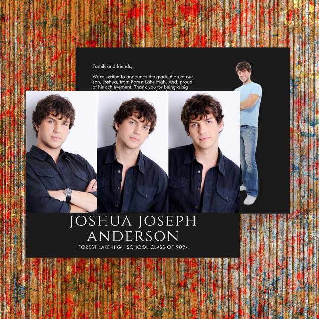 Sophisticated Graduation Three-Photo Black Note Card (Creator Uploaded)