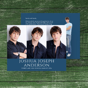 Sophisticated Graduation Three-Photo Royal Blue Note Card