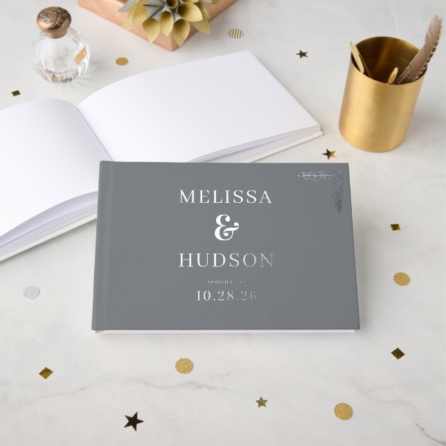 Sophisticated Gray Botanical Foil Guest Book (Front Open)