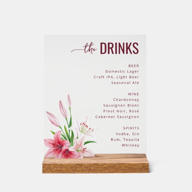 Sophisticated Gray Floral Beverage Menu Acrylic Sign (Front)