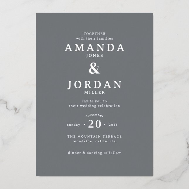 Sophisticated Gray Minimalist Wedding Invitation Foil Invitation (Front)