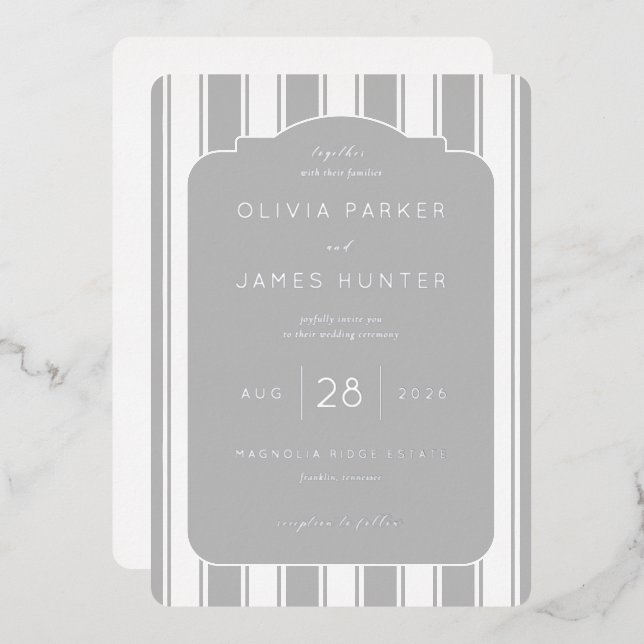 Sophisticated Gray Striped Wedding Invitation Foil Invitation (Front/Back)