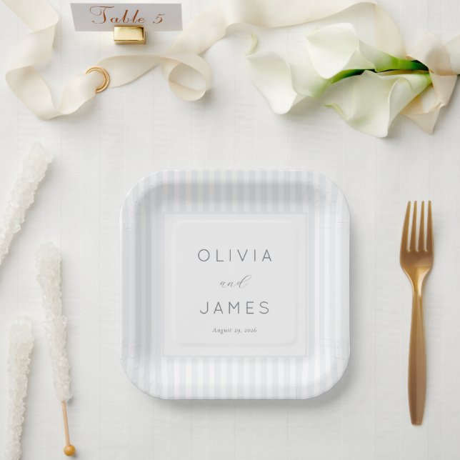 Sophisticated Gray Stripes Paper Plates (Wedding)