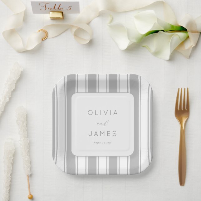 Sophisticated Gray Stripes Paper Plates (Wedding)