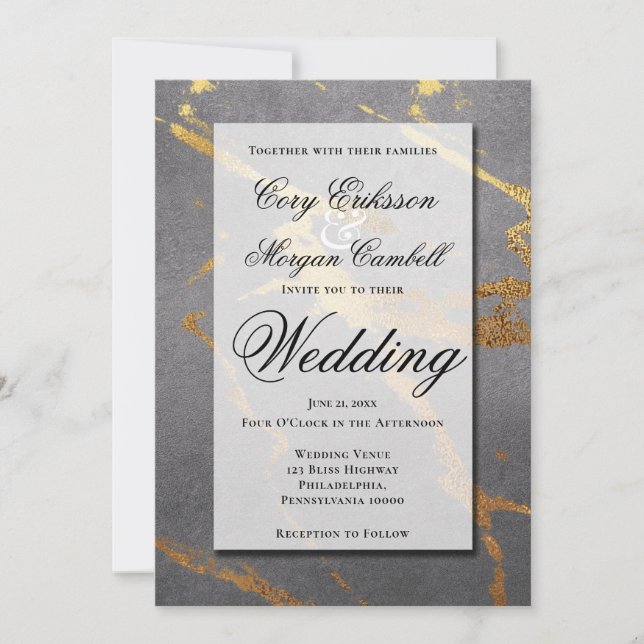 Sophisticated Gray with Gold Marbling Wedding Announcement (Front)