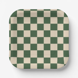 Sophisticated Green and Cream Checkered Pattern Paper Plates