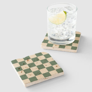 Sophisticated Green and Cream Checkered Pattern Stone Coaster