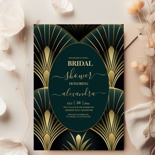 Sophisticated Green and Gold Art Deco Bridal Invitation