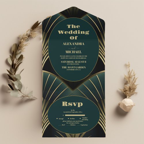 Sophisticated Green and Gold Art Deco Wedding  All In One Invitation