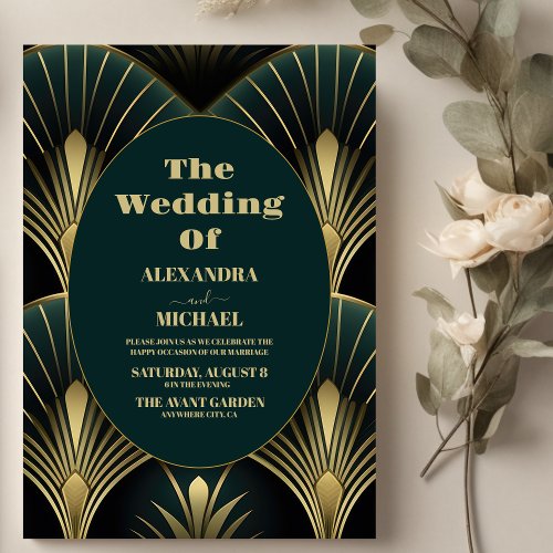 Sophisticated Green and Gold Art Deco Wedding  Invitation