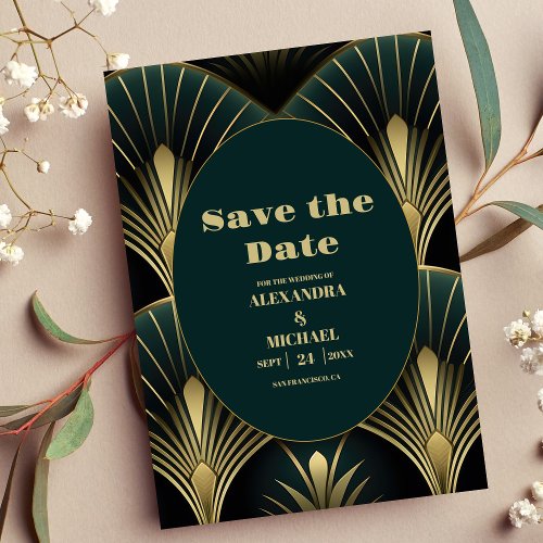 Sophisticated Green and Gold Art Deco Wedding  Save The Date