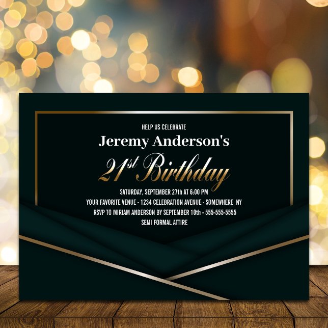 Sophisticated Green Gold 21st Birthday Party Invitation (Creator Uploaded)