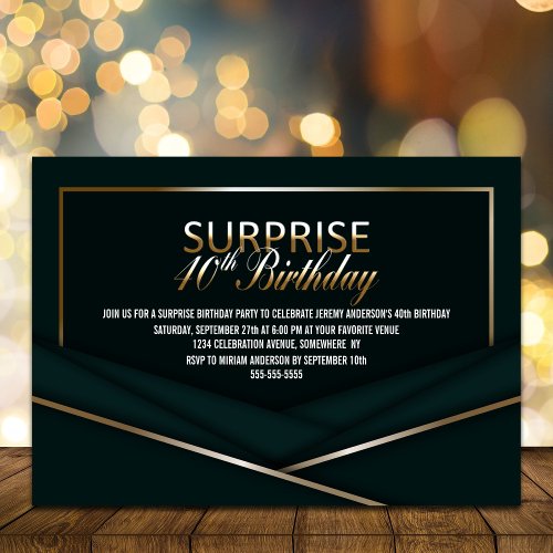 Sophisticated Green Gold 40th Surprise Birthday Invitation