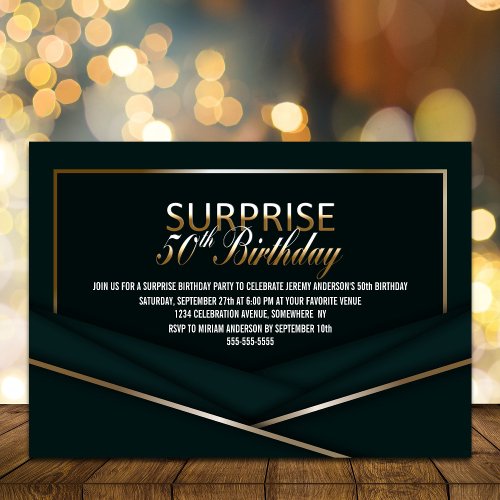 Sophisticated Green Gold 50th Surprise Birthday Invitation