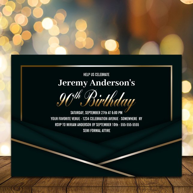 Sophisticated Green Gold 90th Birthday Party Invitation (Creator Uploaded)