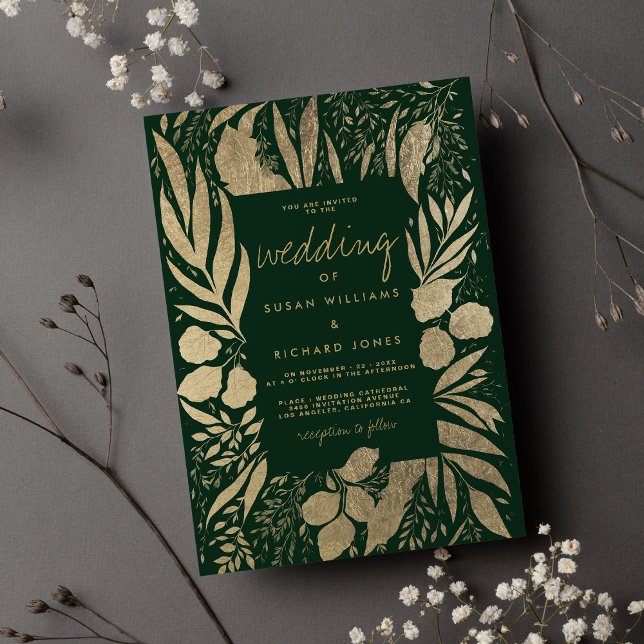 Sophisticated green gold foliage floral wedding  invitation (Sophisticated green gold foliage floral wedding)
