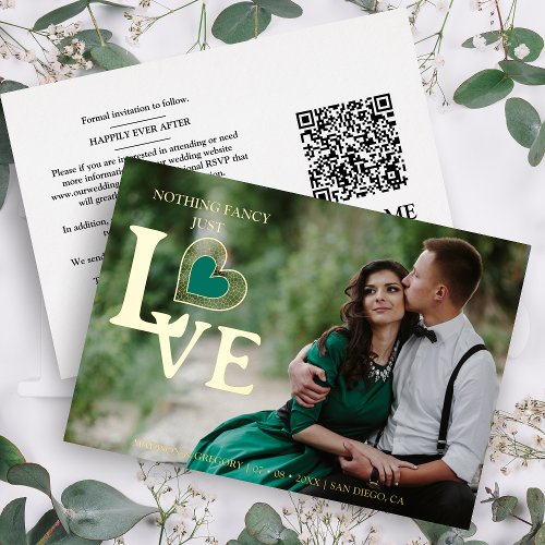 Sophisticated Green Heart Golden Embossed Wedding  Foil Invitation