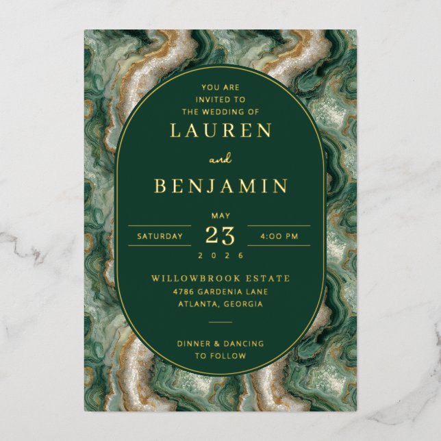 Sophisticated Green Marbled Wedding Invitation Foil Invitation (Front)