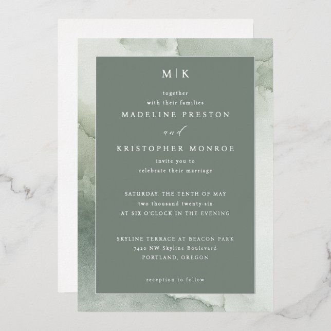 Sophisticated Green Marbled Wedding Invitation Foil Invitation (Front/Back)