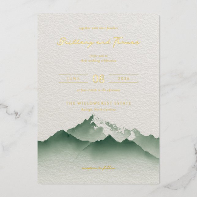 Sophisticated Green Mountain Landscape Foil Invitation (Front)