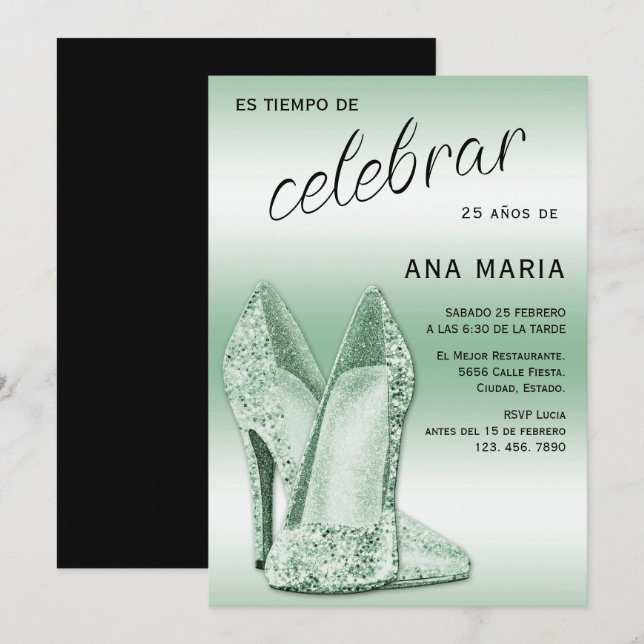 Sophisticated Green Spanish Feminine Birthday  Invitation (Front/Back)