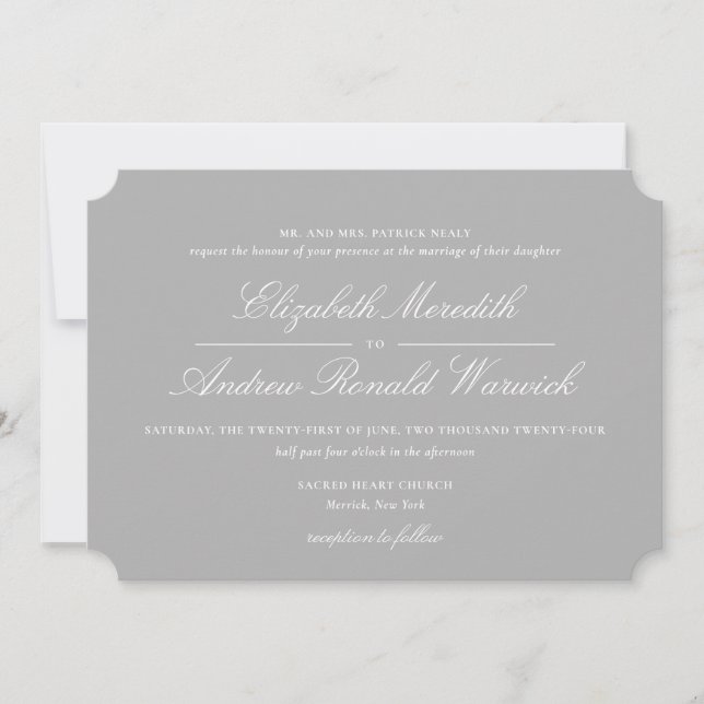 Sophisticated Grey and White Lace Script  Invitation (Front)