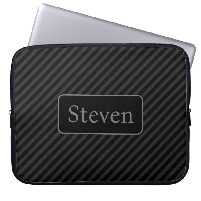 Sophisticated Grey & Black Pinstriped Personalized Laptop Sleeve (Front)