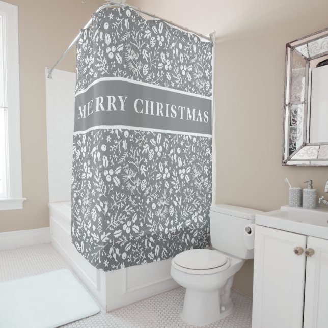 Sophisticated Grey & White Pattern Merry Christmas Shower Curtain (In Situ)